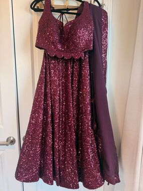 Girls Sequin Party Dress with Dupatta - Purple/ Burgundy
